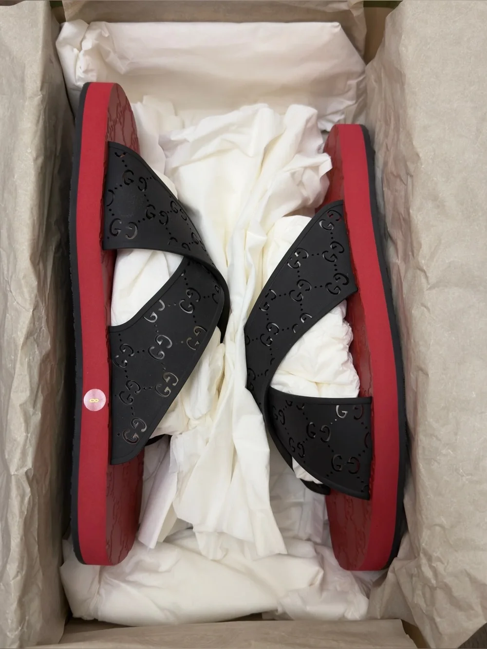 Gucci Black & Red GG Embossed Cross-Strap Slide Sandals